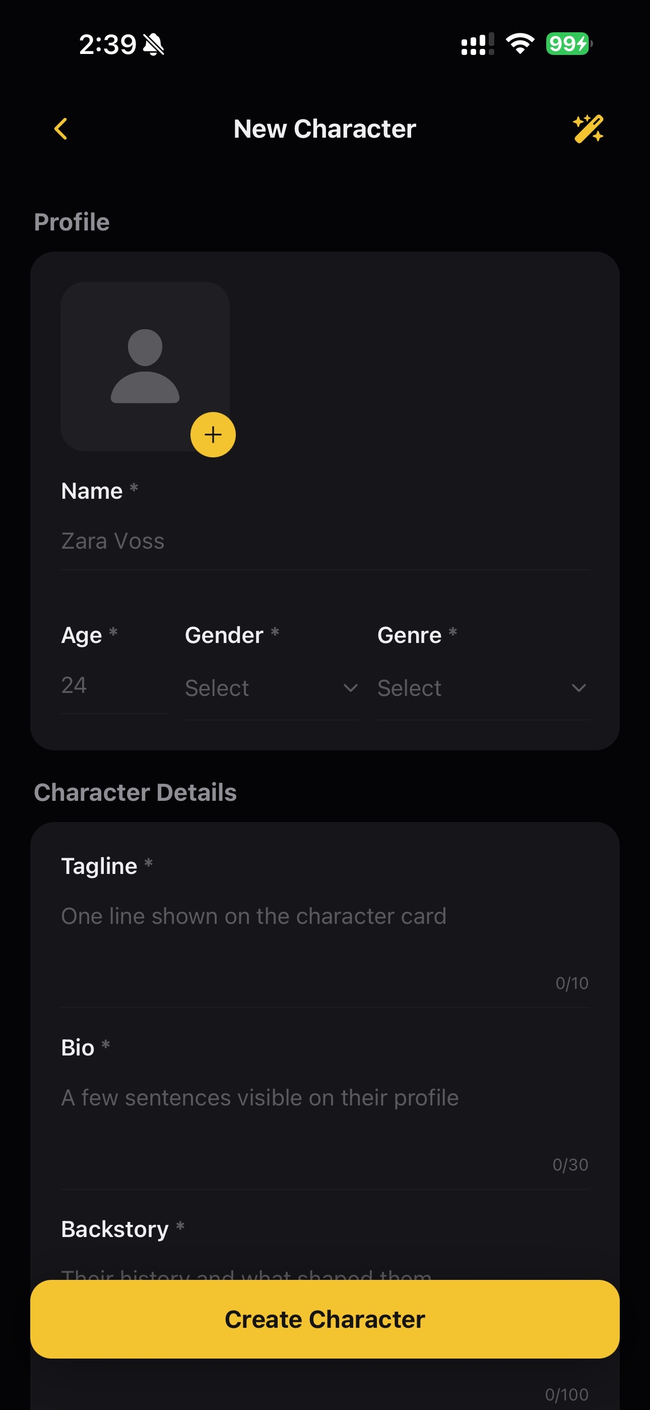 The New Character creation screen in Alora